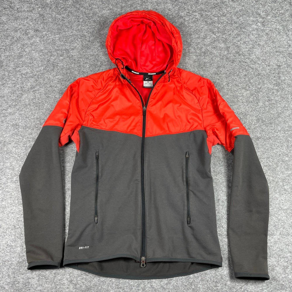 Nike Jacket Mens M Red Charcoal Grey Dri-FIT Running Full Zip Hooded 453473-061